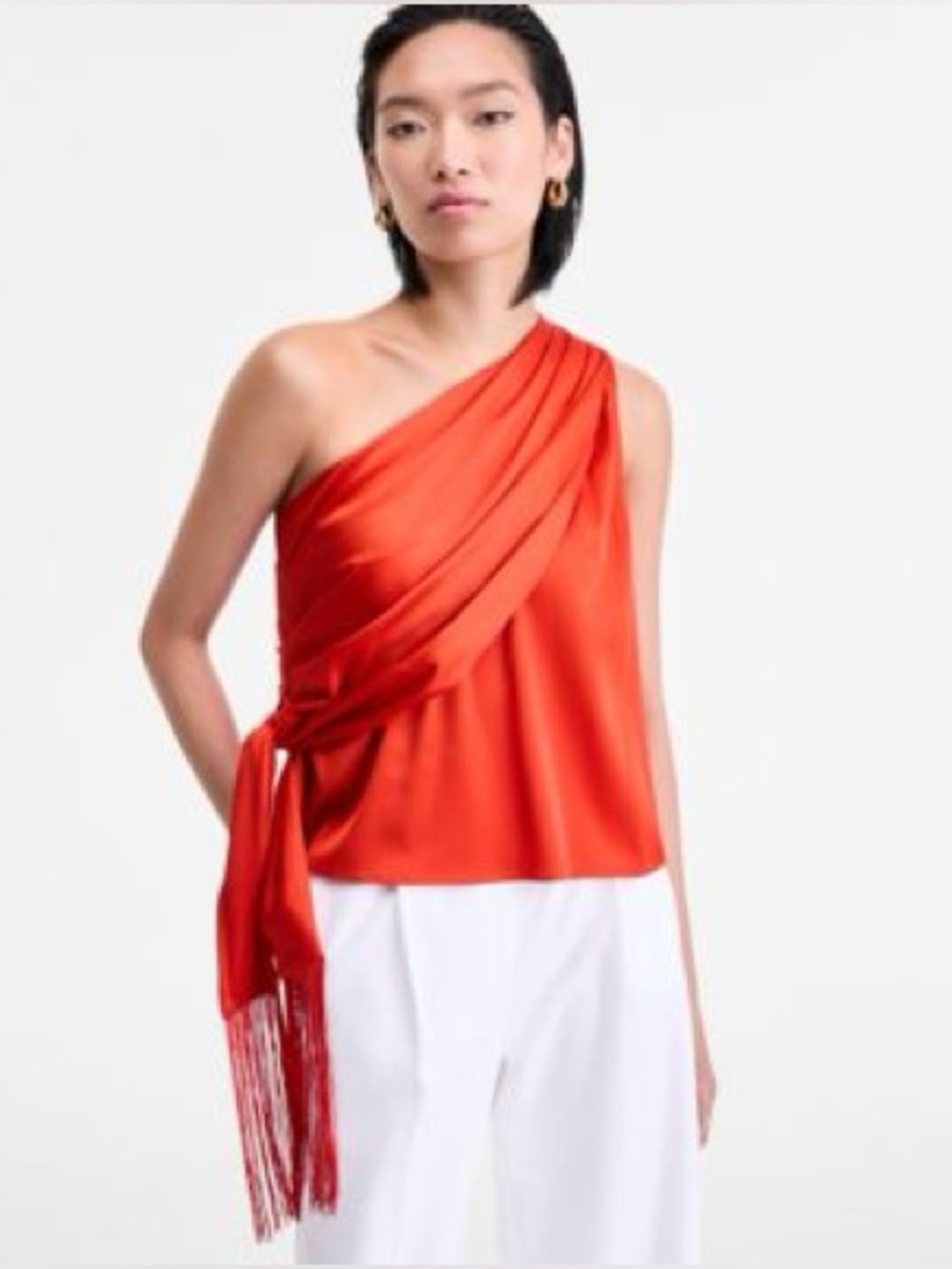 INC International Concepts Red One-Shoulder Draped Satin Blouse with Fringe M